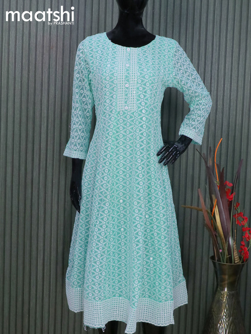 Georgette readymade anarkali kurti light blue with allover chikankari work & simple neck pattern and without pant