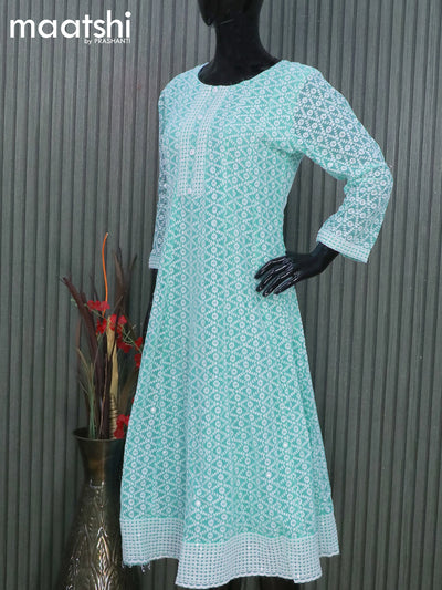 Georgette readymade anarkali kurti light blue with allover chikankari work & simple neck pattern and without pant