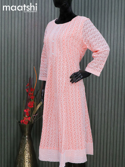 Georgette readymade anarkali kurti peach shade with allover chikankari work & simple neck pattern and without pant
