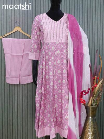 Modal readymade anarkali salwar suits pink with allover prints & mirror gotapatti lace work neck pattern and straight cut pant & sequin work dupatta