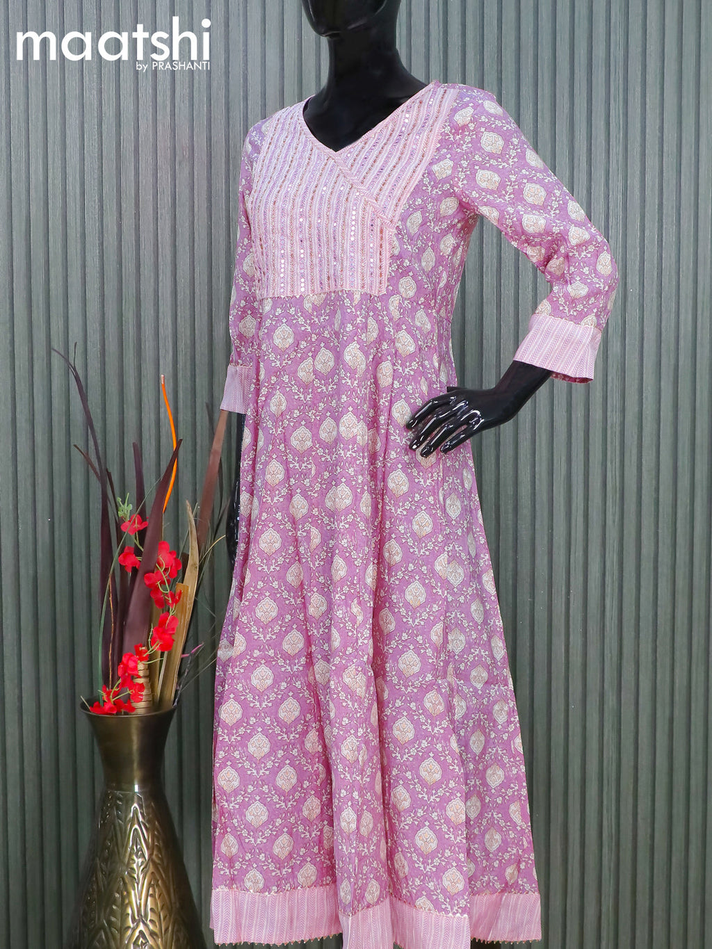 Modal readymade anarkali salwar suits pink with allover prints & mirror gotapatti lace work neck pattern and straight cut pant & sequin work dupatta