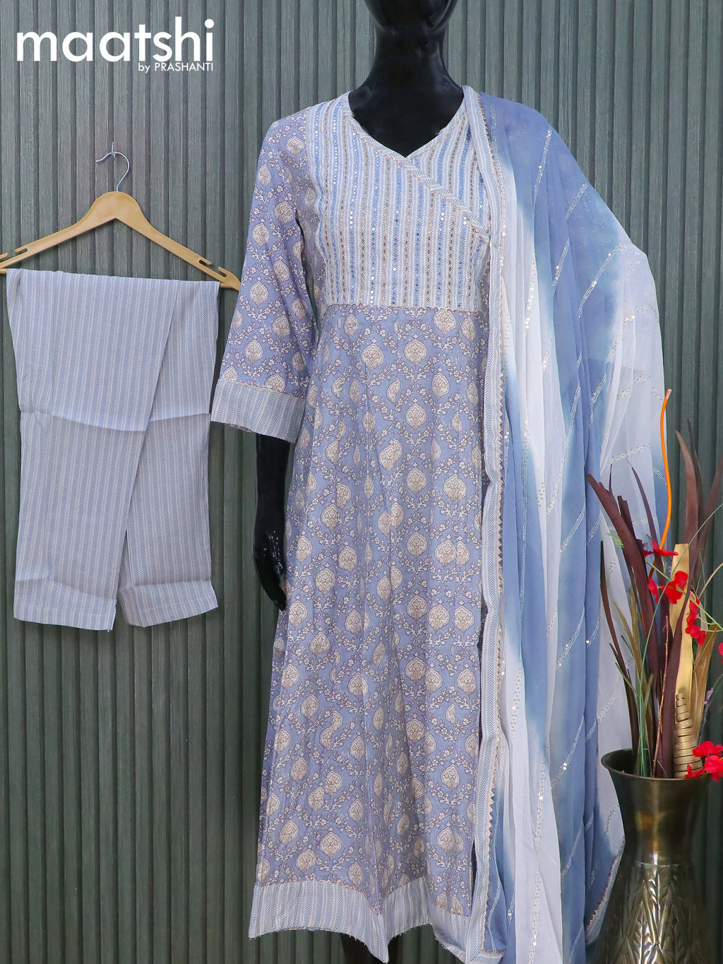 Modal readymade anarkali salwar suits grey with allover prints & mirror gotapatti lace work neck pattern and straight cut pant & sequin work dupatta
