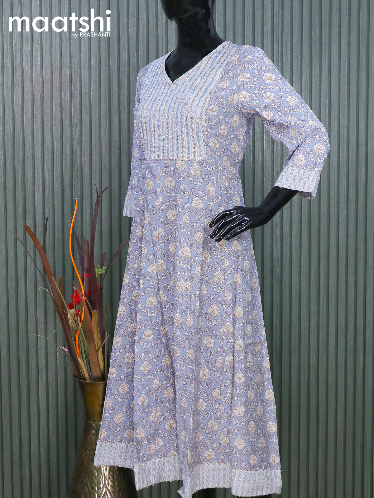 Modal readymade anarkali salwar suits grey with allover prints & mirror gotapatti lace work neck pattern and straight cut pant & sequin work dupatta