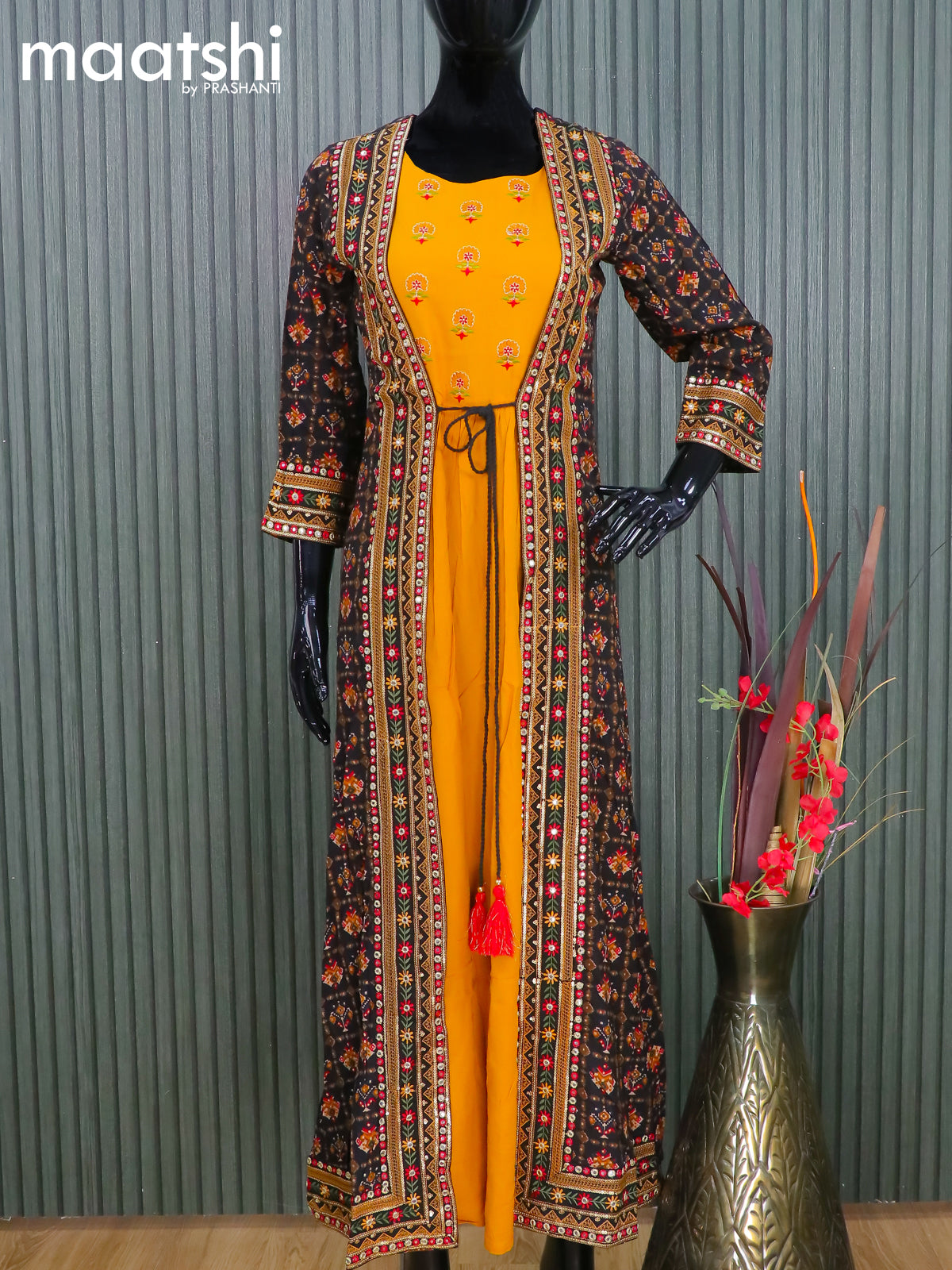 Cotton readymade Festive wear kurti mustard yellow and black with ikat prints & sequin work coat type pattern and without pant
