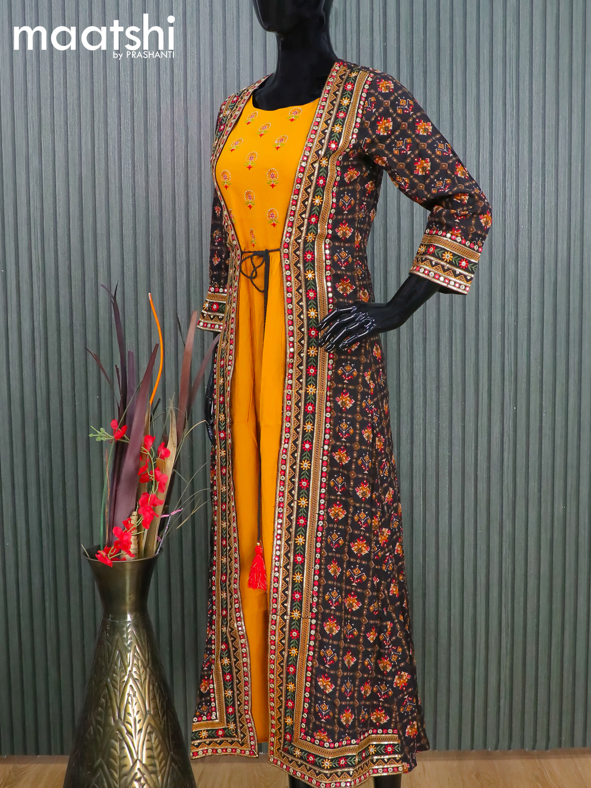 Cotton readymade Festive wear kurti mustard yellow and black with ikat prints & sequin work coat type pattern and without pant