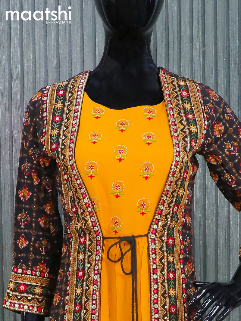 Cotton readymade party wear kurti mustard yellow and black with ikat prints & sequin work coat type pattern and without pant