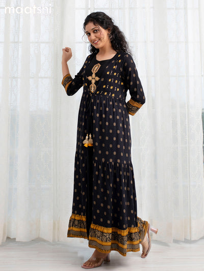 Cotton readymade party wear kurti black with prints & beaded embroidery work coat type pattern and without pant