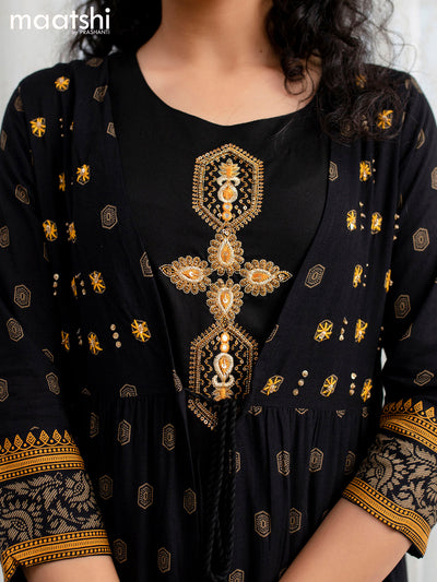 Cotton readymade party wear kurti black with prints & beaded embroidery work coat type pattern and without pant