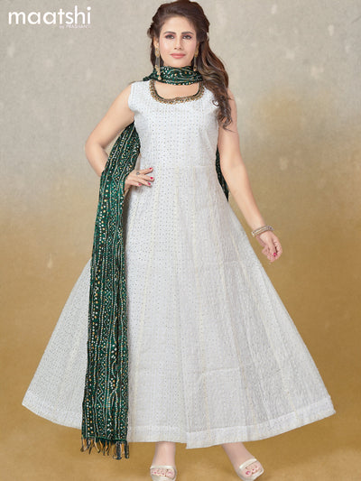 Raw silk readymade anarkali salwar suits off white and green with allover sequin & zardosi work neck pattern and straight pant & bandhani printed dupatta