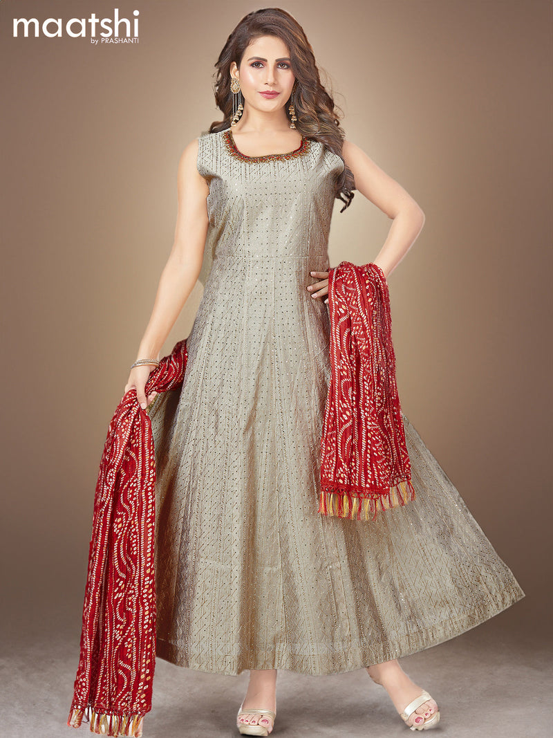Raw silk readymade anarkali salwar suits beige and red with allover sequin & zardosi work neck pattern and straight pant & bandhani printed dupatta