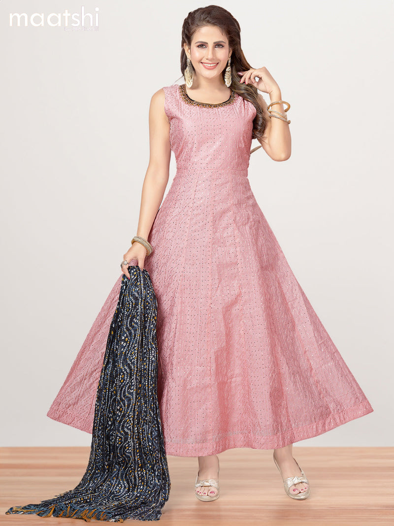 Raw silk readymade anarkali salwar suits baby pink and grey with allover sequin & zardosi work neck pattern and straight pant & bandhani printed dupatta