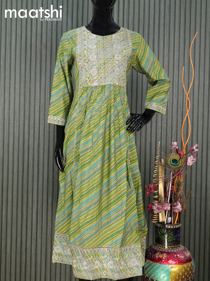 Modal readymade naira cut kurti mehendi green  with allover prints & sequin gotapatti lace work neck pattern and without pant