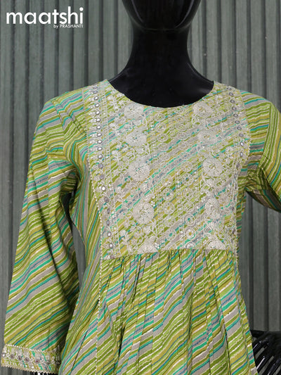 Modal readymade naira cut kurti mehendi green  with allover prints & sequin gotapatti lace work neck pattern and without pant