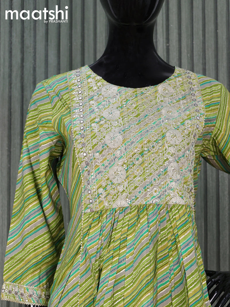 Modal readymade naira cut kurti mehendi green  with allover prints & sequin gotapatti lace work neck pattern and without pant