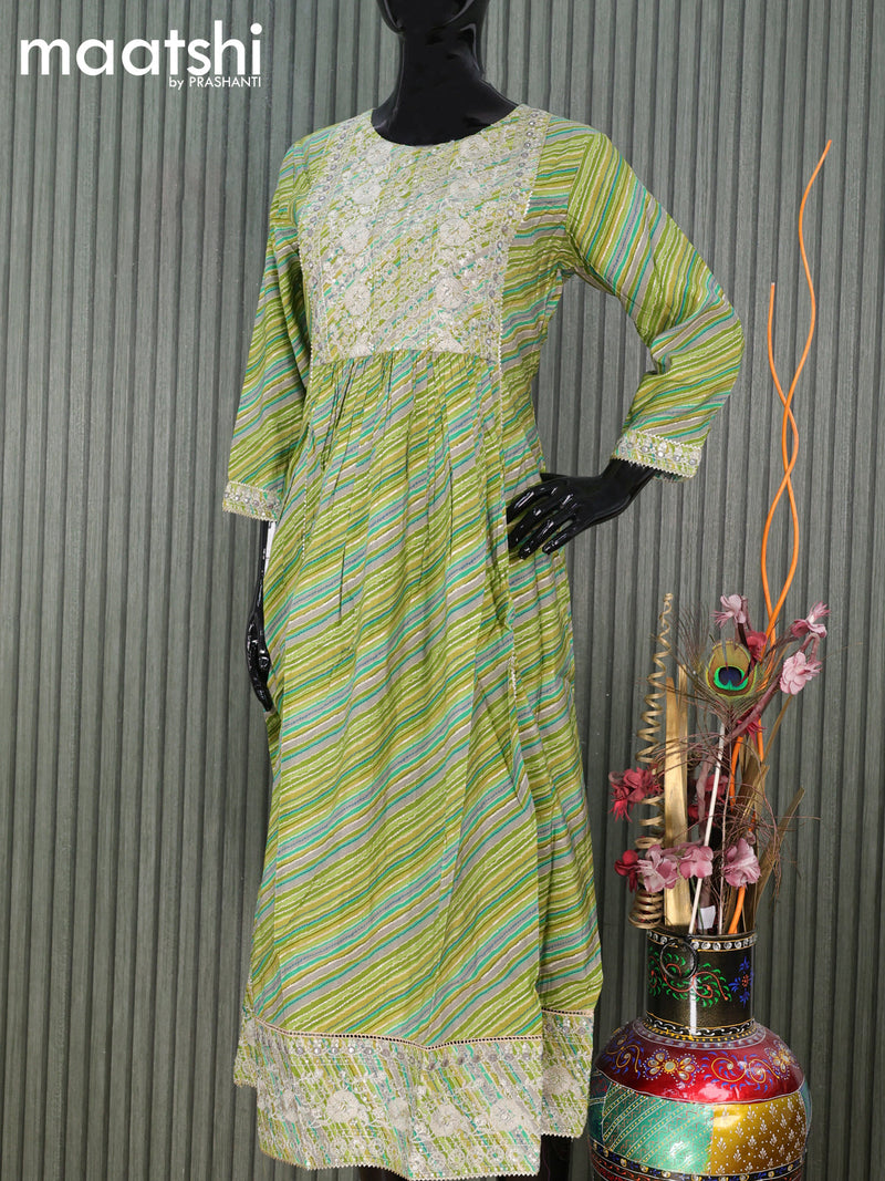 Modal readymade naira cut kurti mehendi green  with allover prints & sequin gotapatti lace work neck pattern and without pant