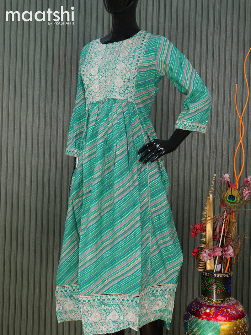 Modal readymade naira cut kurti teal blue  with allover prints & sequin gotapatti lace work neck pattern and without pant