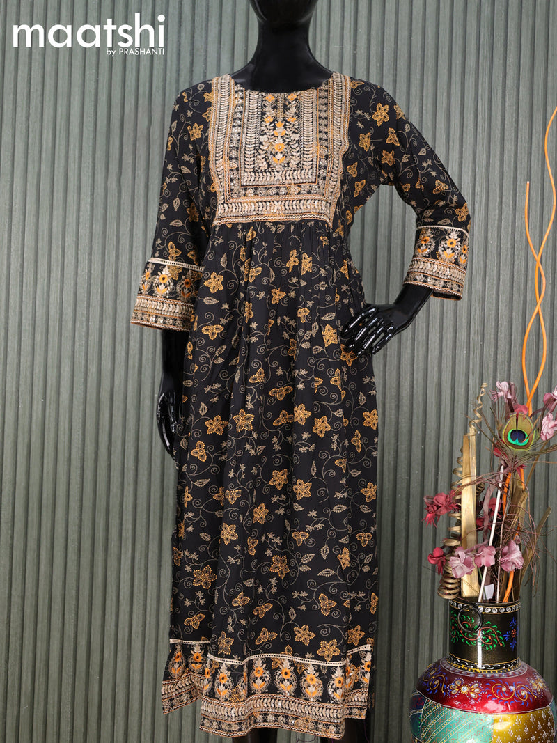 Cotton readymade naira cut kurti black  with allover prints & sequin work neck pattern and without pant