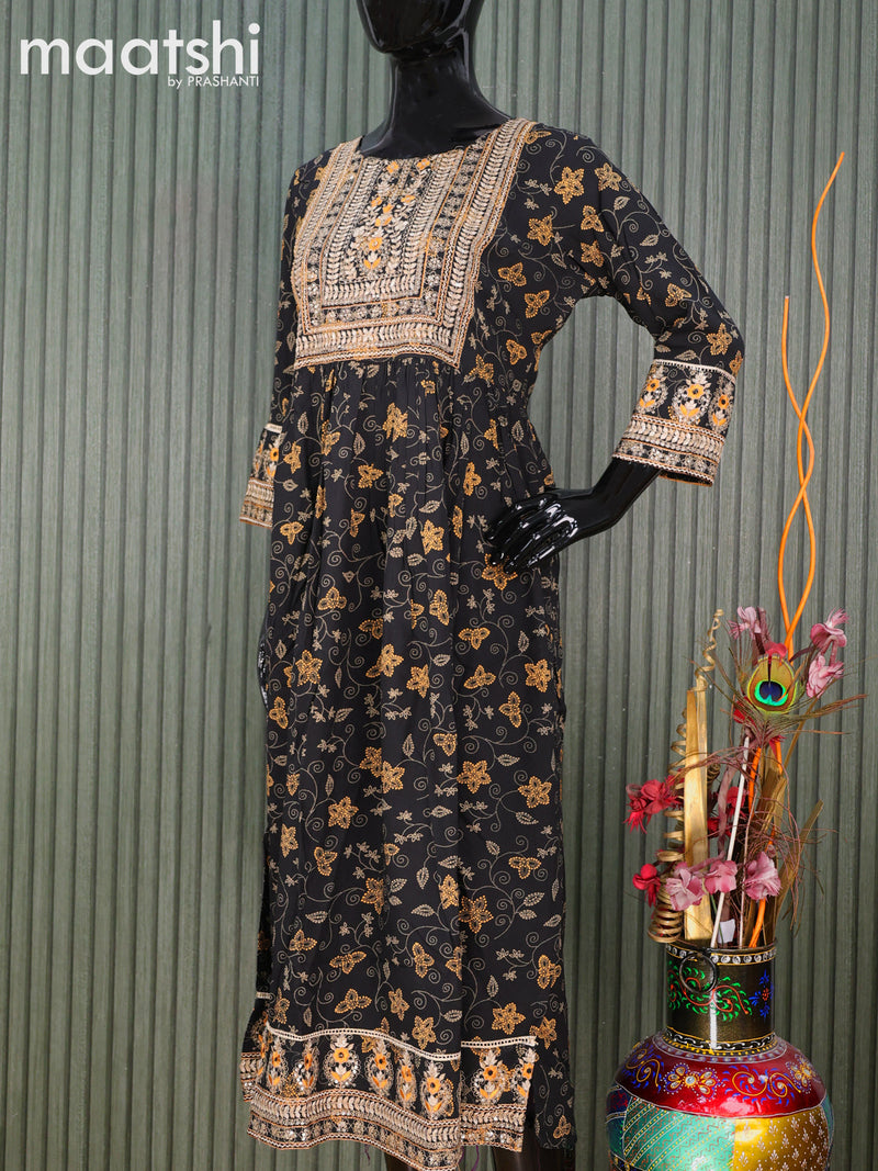 Cotton readymade naira cut kurti black  with allover prints & sequin work neck pattern and without pant