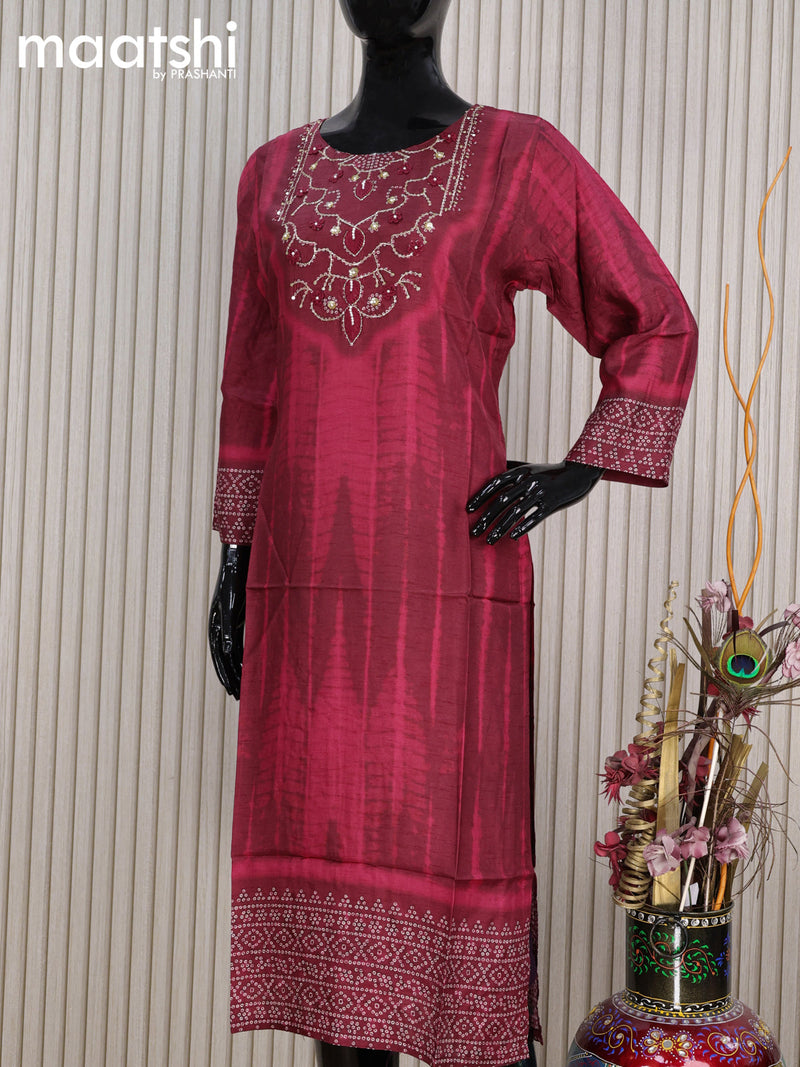 Pure muslin silk readymade kurti maroon  with tie and dye prints & sequin work neck pattern and without pant