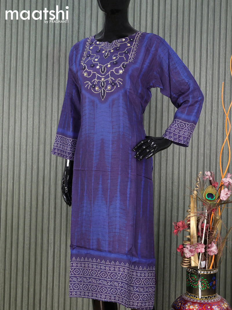 Pure muslin silk readymade kurti blue  with tie and dye prints & sequin work neck pattern and without pant
