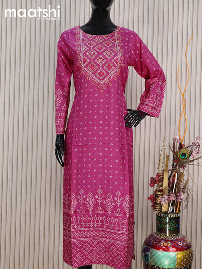 Pure muslin silk readymade kurti pink  with allover bandhani prints & sequin work neck pattern and without pant