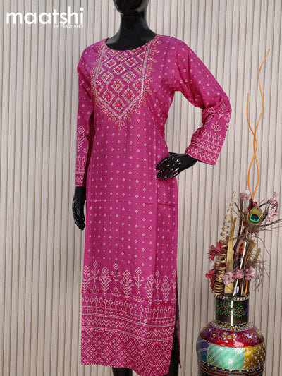 Pure muslin silk readymade kurti pink  with allover bandhani prints & sequin work neck pattern and without pant