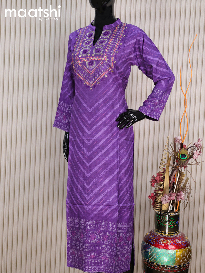 Pure muslin silk readymade kurti violet  with allover bandhani prints & sequin work neck pattern and without pant