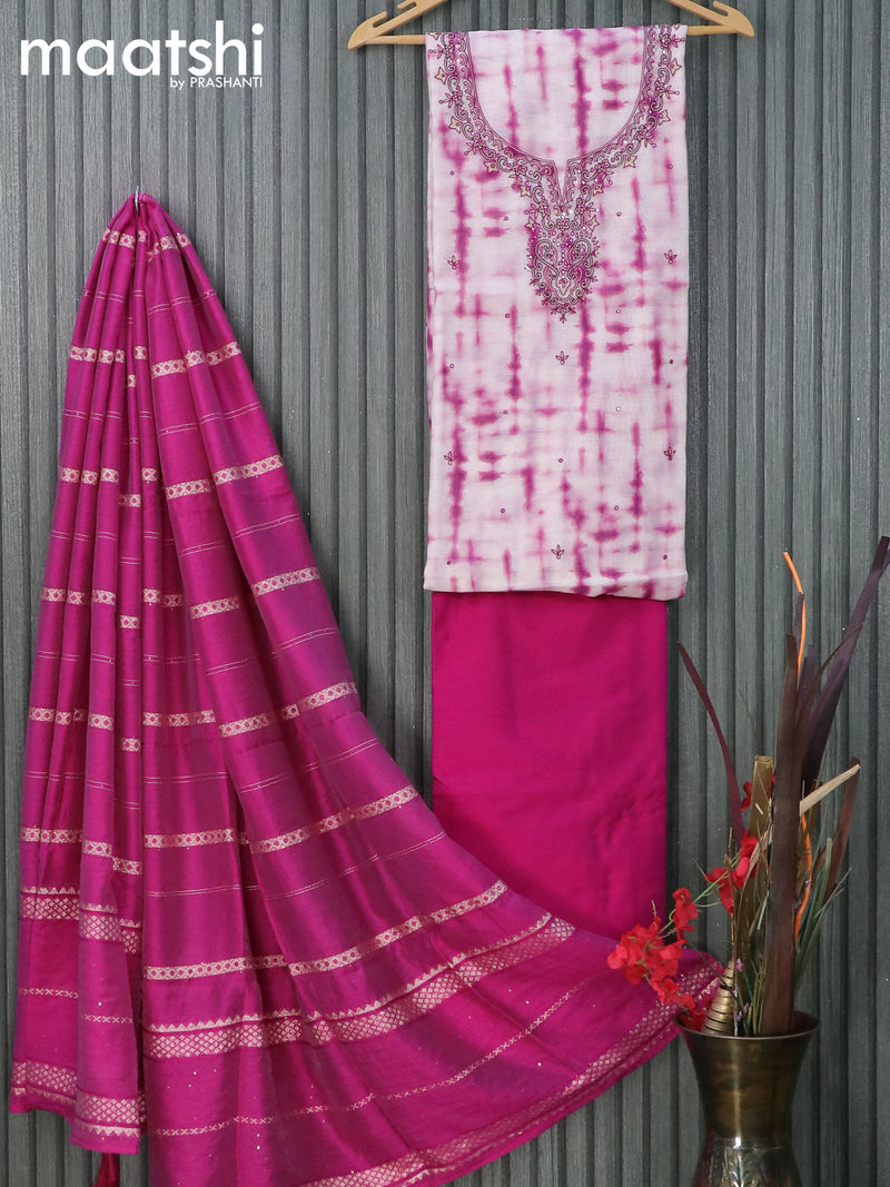 Chanderi dress material cream and dark pink with tie & dye prints & embroidery work neck pattern and pant & sequin work dupatta