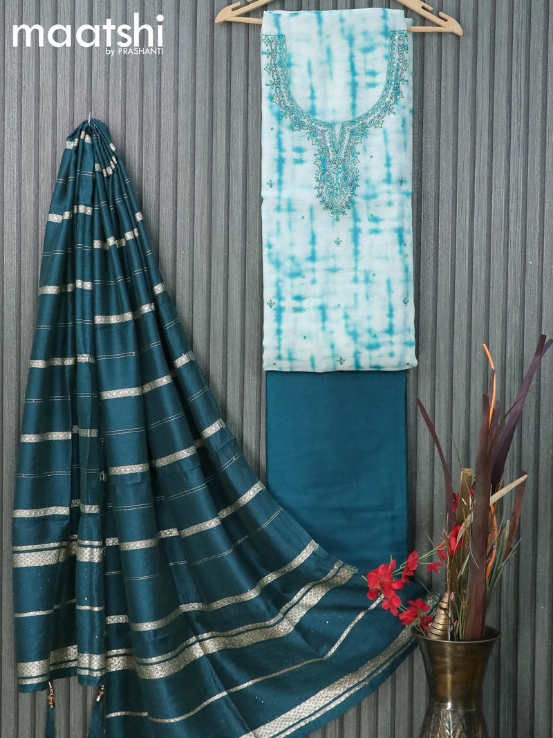 Chanderi dress material cream and peacock green with tie & dye prints & embroidery work neck pattern and pant & sequin work dupatta