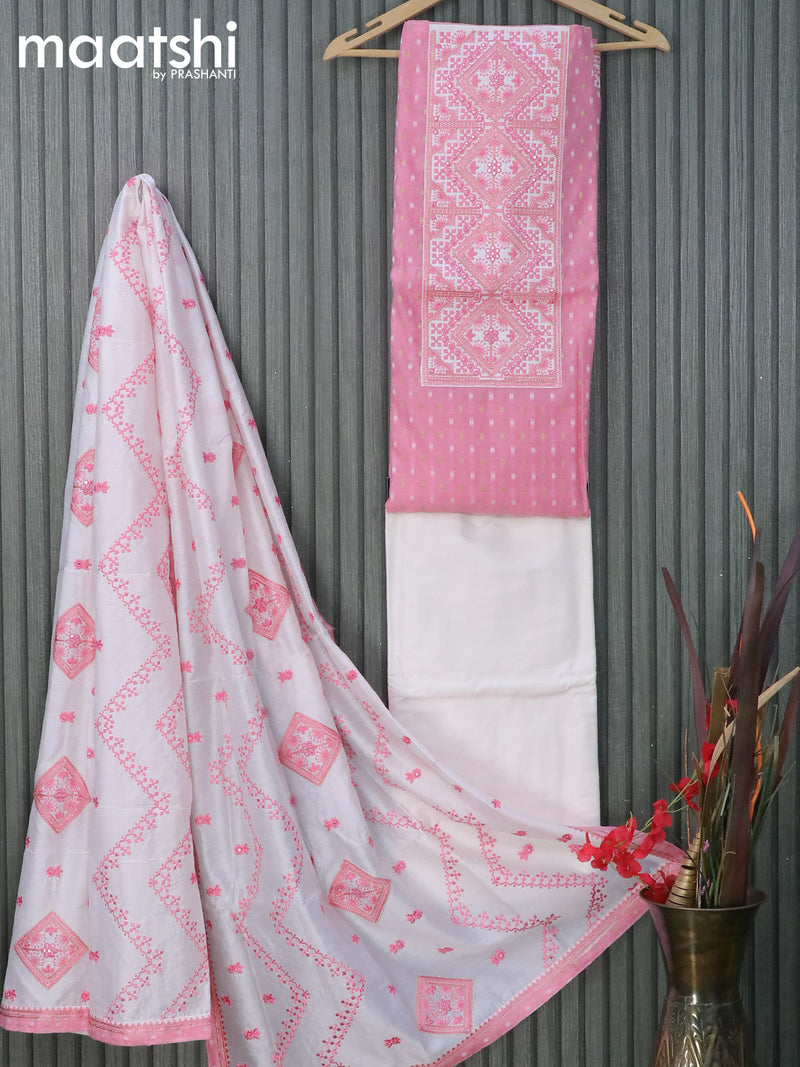 Raw silk dress material light pink and off white with zari woven buttas & embroidery patch work neck pattern and pant & embroidery dupatta