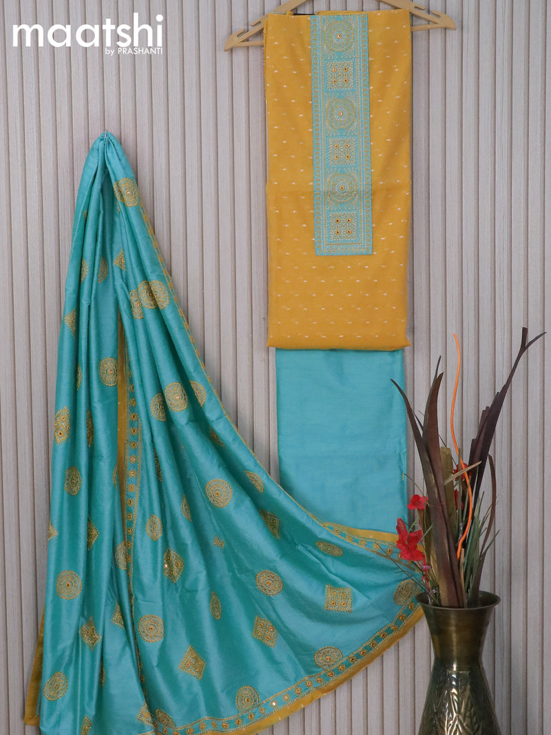 Raw silk dress material yellow and light blue with zari woven buttas & embroidery patch work neck pattern and pant & embroidery dupatta