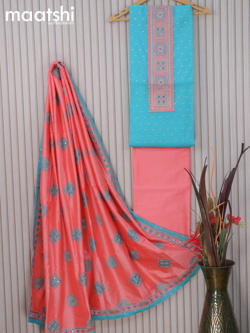 Raw silk dress material light blue and peach orange with zari woven buttas & embroidery patch work neck pattern and pant & embroidery dupatta