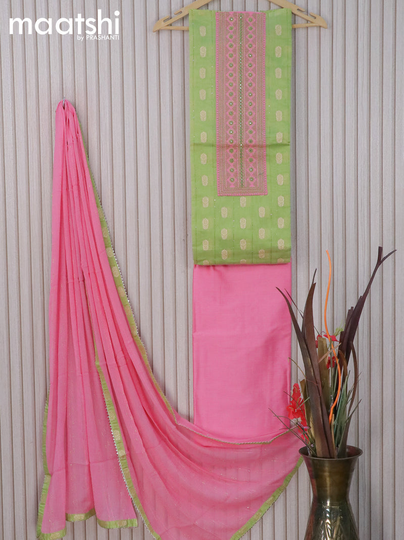 Raw silk dress material light green and light pink with zari woven buttas & mirror embroidery patch work neck pattern and pant & chiffon dupatta
