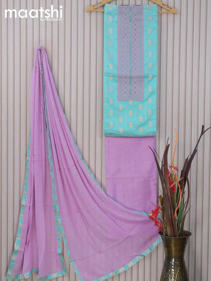 Raw silk dress material teal blue and mild purple with zari woven buttas & mirror embroidery patch work neck pattern and pant & chiffon dupatta