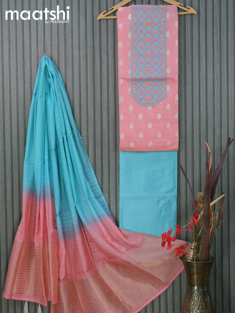 Raw silk dress material peach pink and teal blue with zari woven buttas & mirror embroidery work neck pattern and pant & zari dupatta