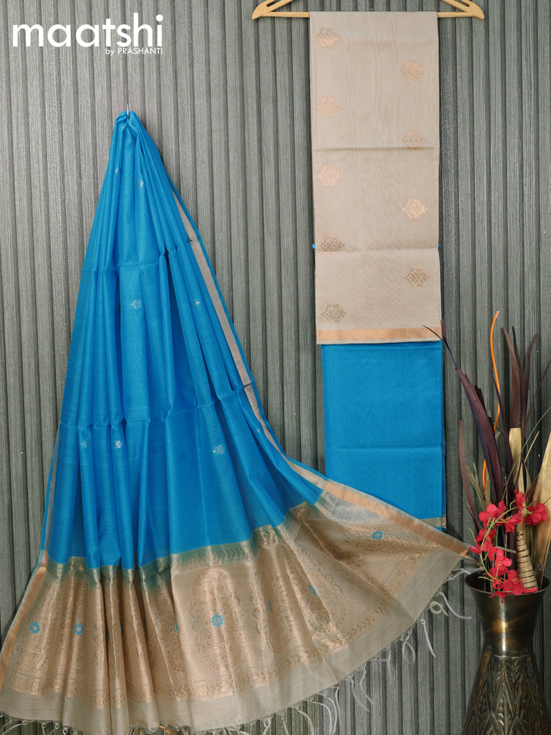 Silk cotton dress material off white and light blue with zari woven buttas and bottom & zari dupatta