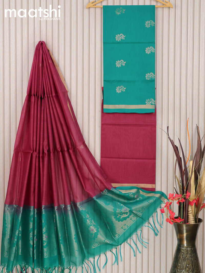 Silk cotton dress material teal blue and dark pink shade with zari woven buttas and bottom & zari dupatta