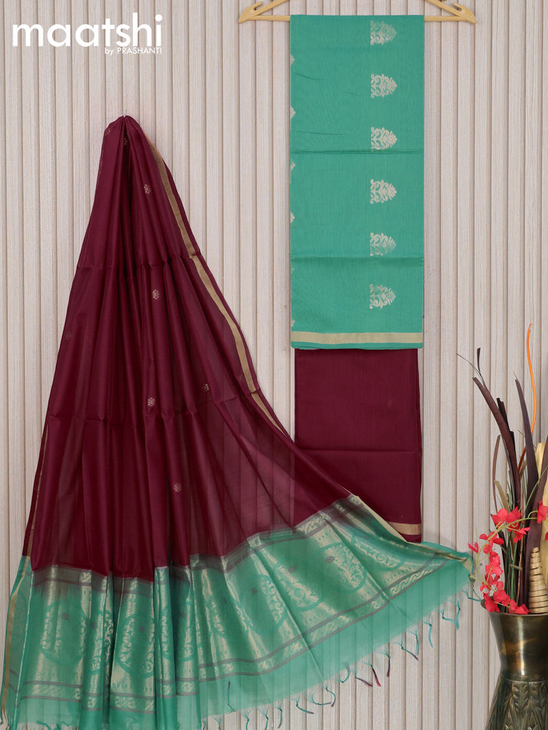 Silk cotton dress material pastel green shade and maroon with zari woven buttas and bottom & zari dupatta