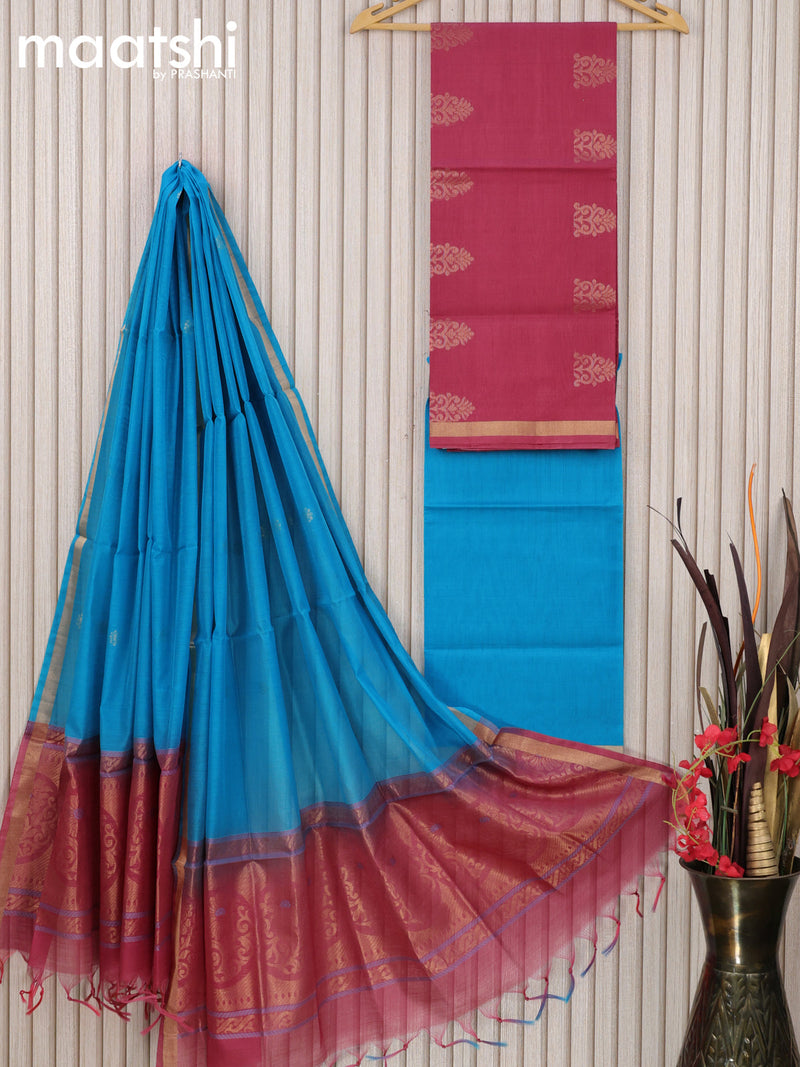 Silk cotton dress material pink shade and light blue with zari woven buttas and bottom & zari dupatta