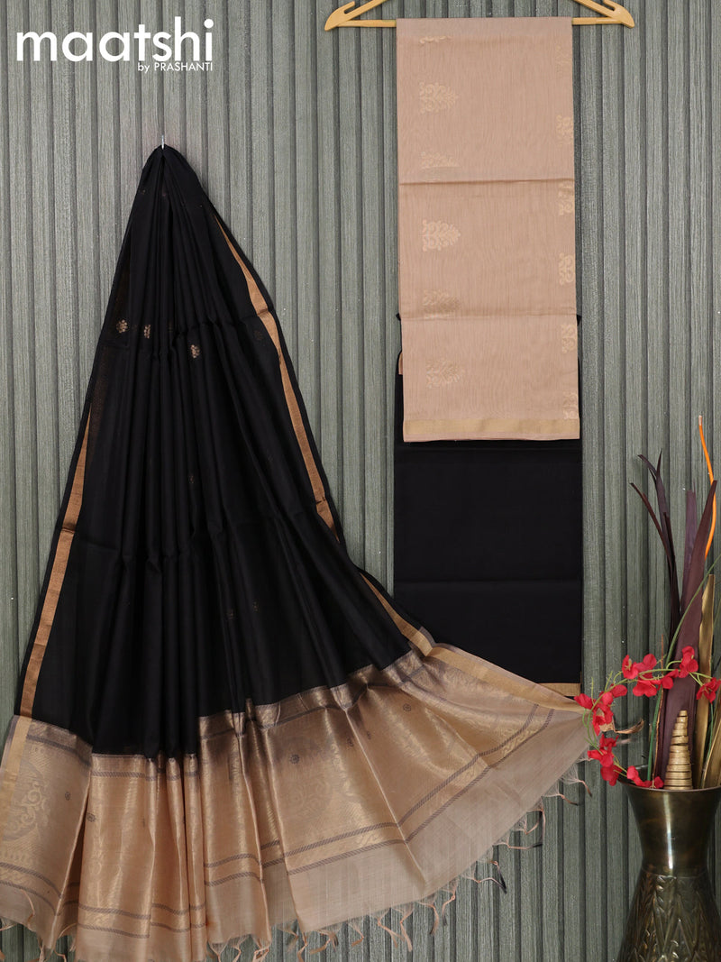 Silk cotton dress material beige and black with zari woven buttas and bottom & zari dupatta