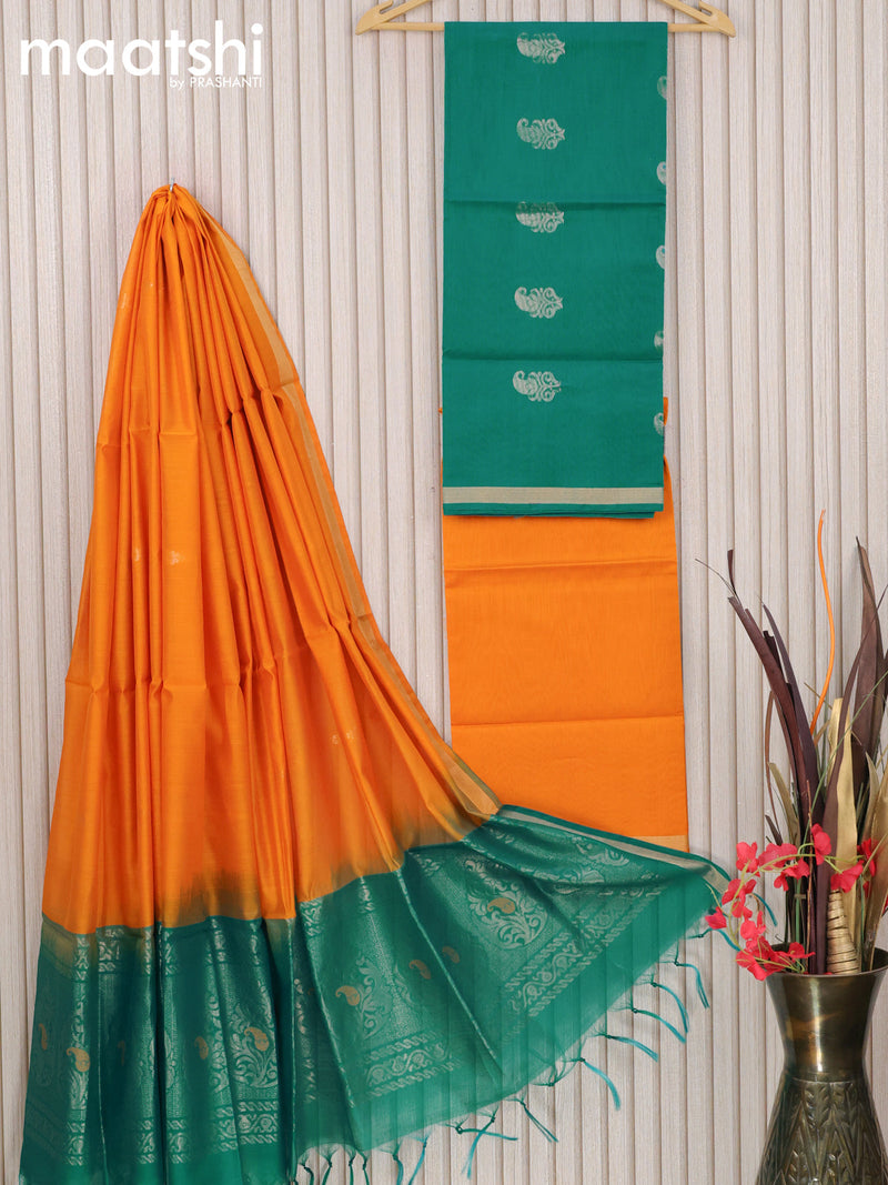 Silk cotton dress material teal blue and mango yellow with zari woven buttas and bottom & zari dupatta