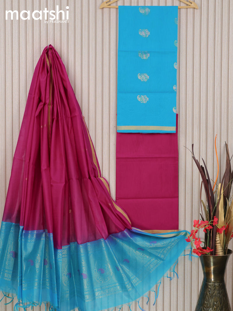 Silk cotton dress material light blue and pink with zari woven buttas and bottom & zari dupatta