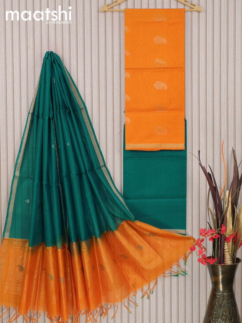 Silk cotton dress material mango yellow and teal blue with zari woven buttas and bottom & zari dupatta