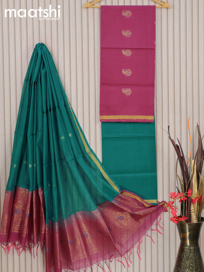 Silk cotton dress material dark pink shade and teal blue with zari woven buttas and bottom & zari dupatta