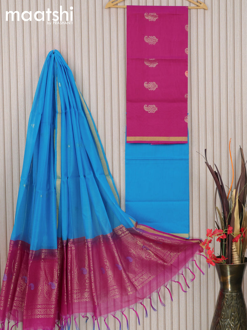 Silk cotton dress material pink and light blue with zari woven buttas and bottom & zari dupatta