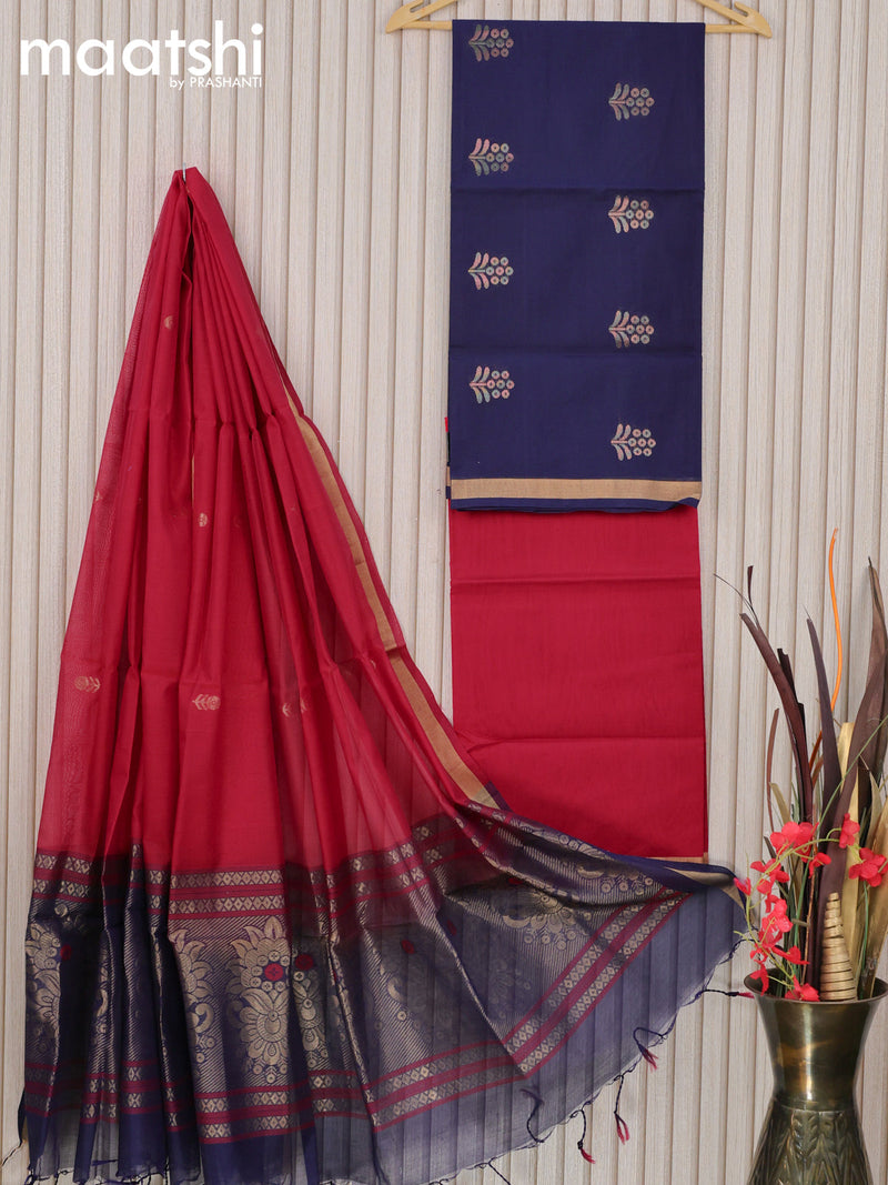 Silk cotton dress material dark blue and red with zari woven buttas and bottom & zari dupatta