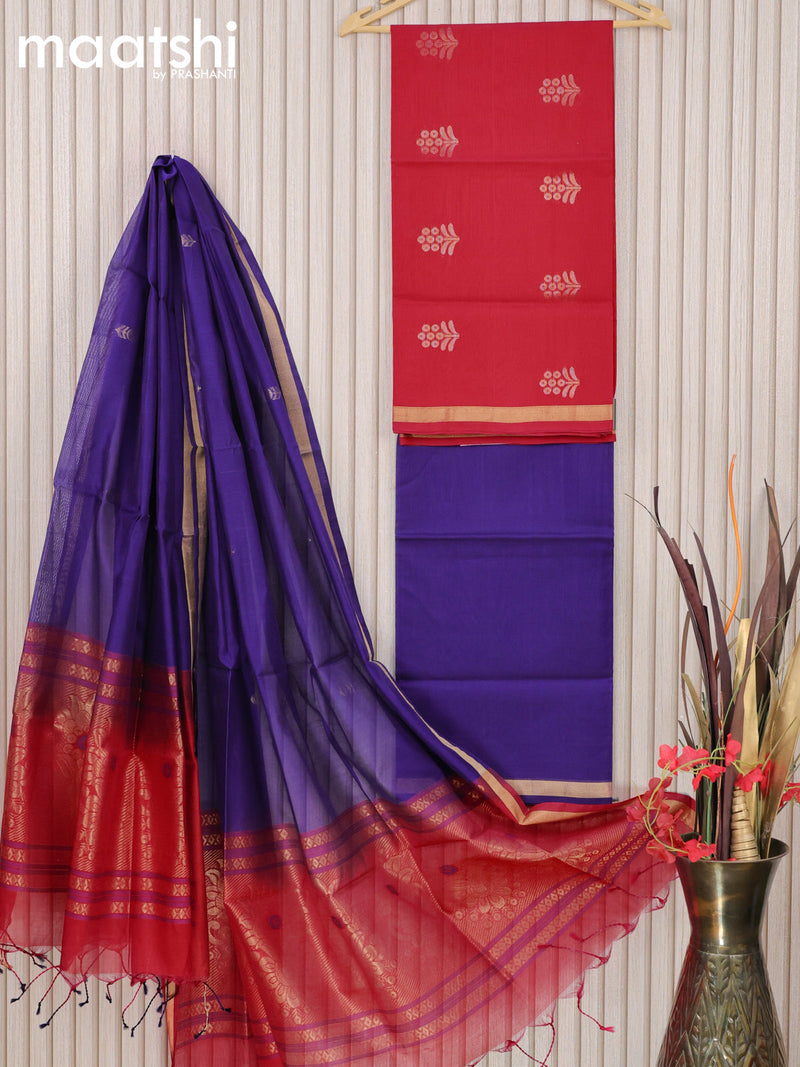 Silk cotton dress material red and blue with zari woven buttas and bottom & zari dupatta