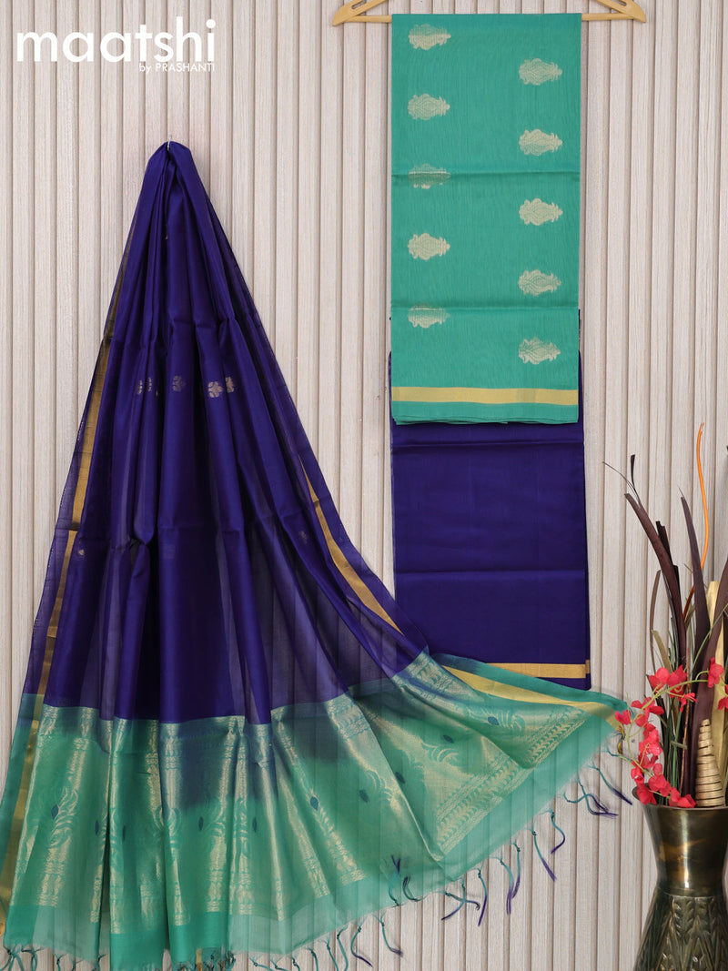 Silk cotton dress material teal blue shade and blue with zari woven buttas and bottom & zari dupatta