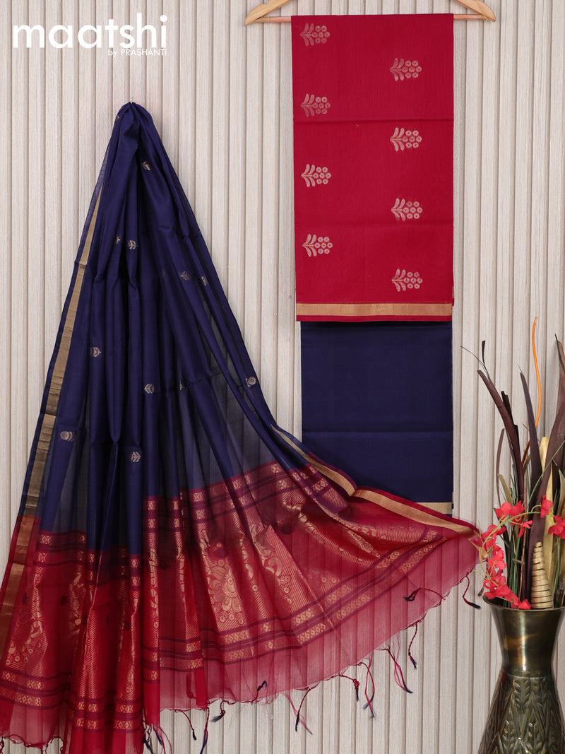 Silk cotton dress material red and blue with floral zari woven buttas and bottom & zari dupatta
