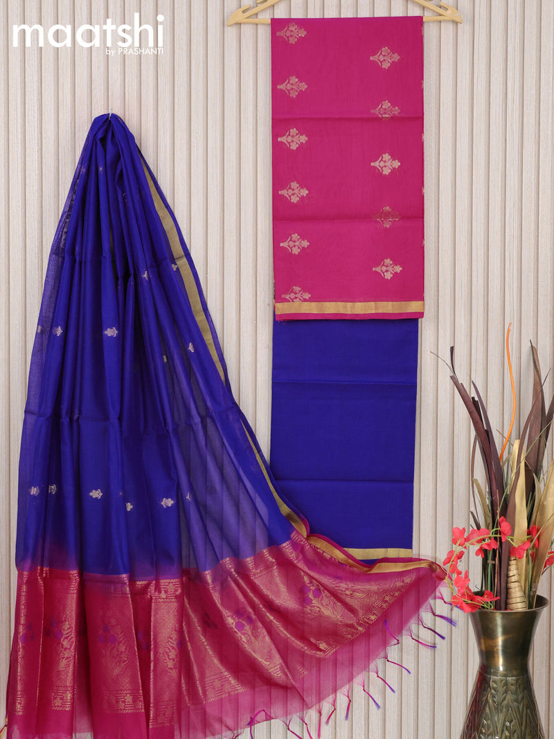 Silk cotton dress material pink and blue with zari woven buttas and bottom & zari dupatta
